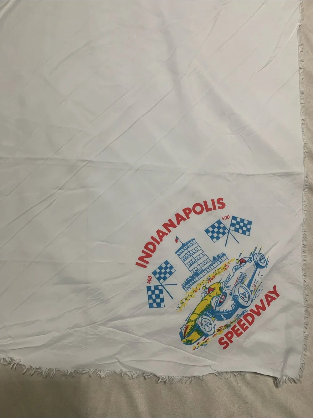 Vintage Indianapolis Speedway White Scarf with Red and Blue Graphic